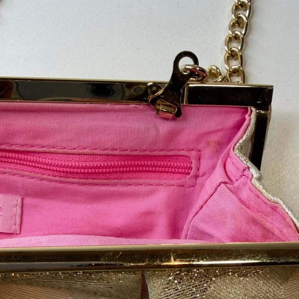 Lilly Pulitzer Gold Shimmer Cream Pink Clutch Bag w golden chain